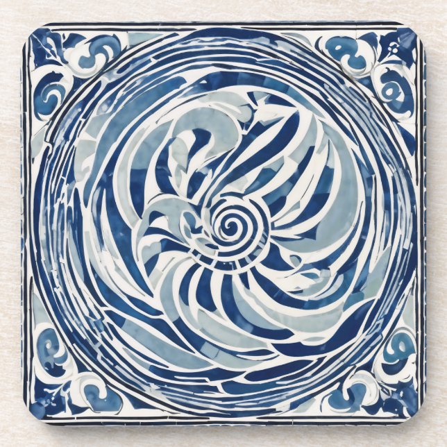 Blue White Swirl Pattern 02 Beverage Coaster (Front)