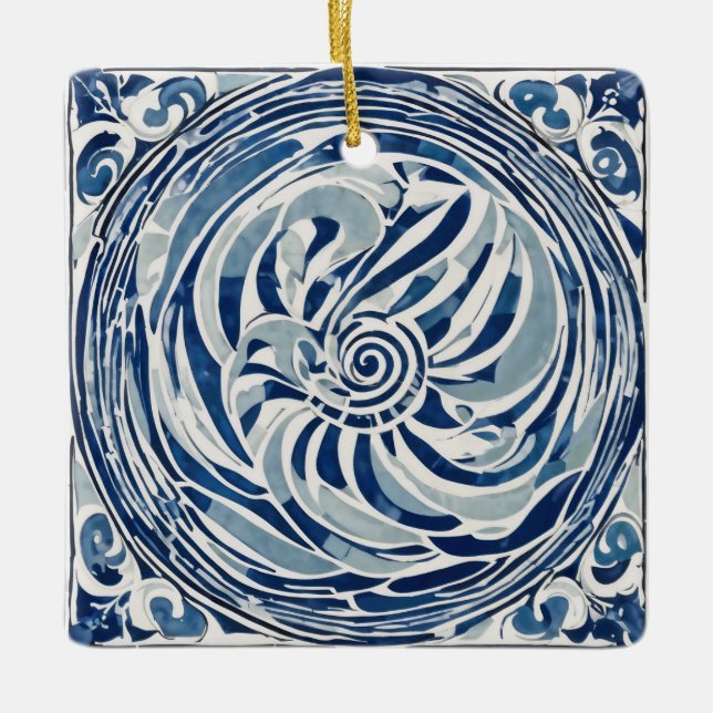 Blue White Swirl Pattern 02 Ceramic Ornament (Front)