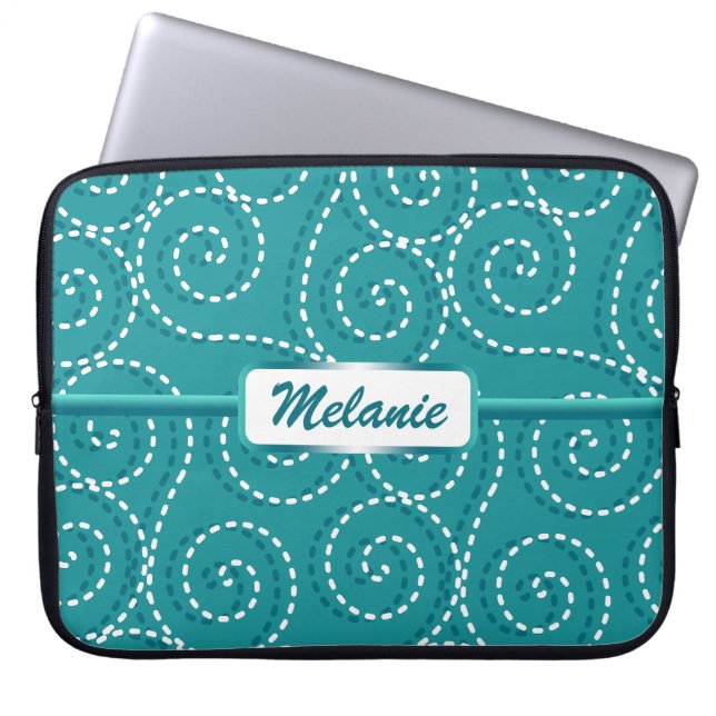 Blue White Swirls Personalized Name Laptop Sleeve (Front)