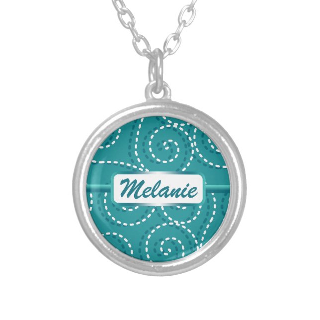 Blue White Swirls Personalized Name Silver Plated Necklace (Front)