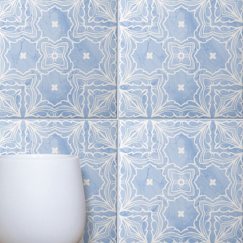 Blue White Symmetrical Pattern with Marble Look Ceramic Tile