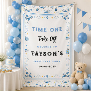 Blue White Take Off Airplane Boy 1st Birthday Banner