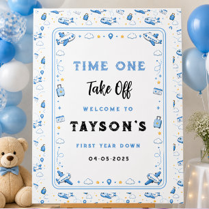 Blue White Take Off Airplane Boy 1st Birthday Foam Board