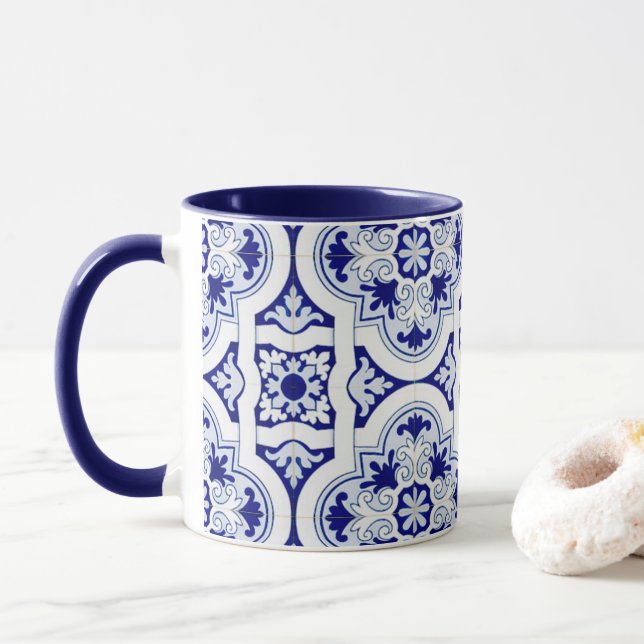 Blue & White Talavera Tile Look Mug (With Donut)