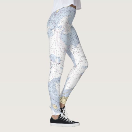 Blue White Tan Authentic Nautical Chart Leggings