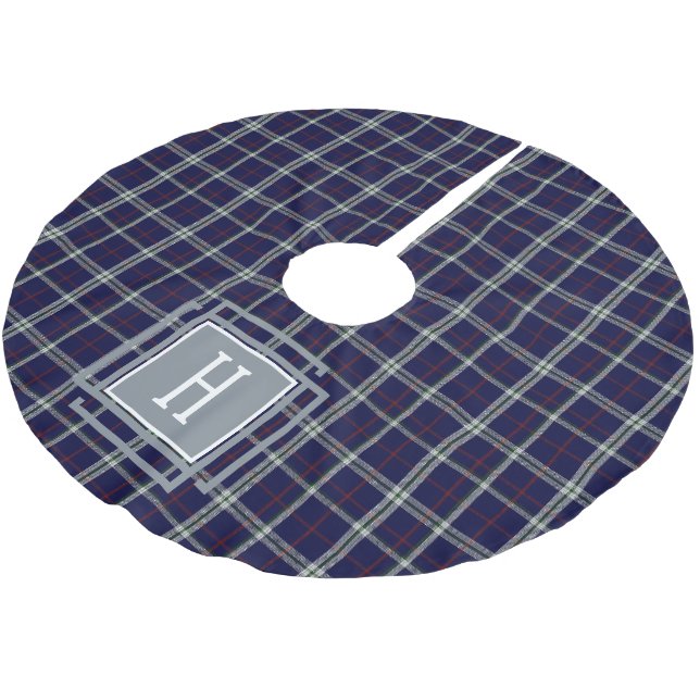 Blue white Tartan Monogram  Brushed Polyester Tree Skirt (Angled)