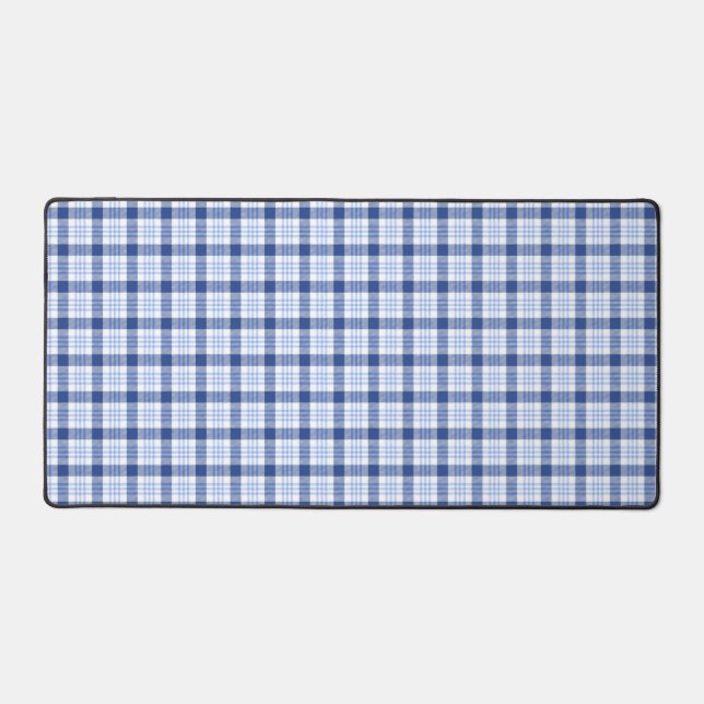 Blue White Tartan Plaid Pattern Desk Mat (Front)