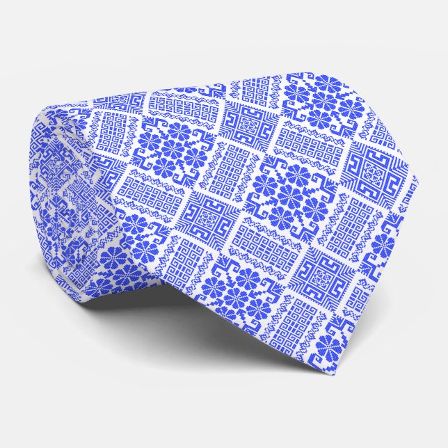 Blue & White Tatreez Henna Thobe Pattern Neck Tie (Rolled)