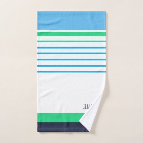 Blue white teal greenstriped custom modern coastal hand towel 