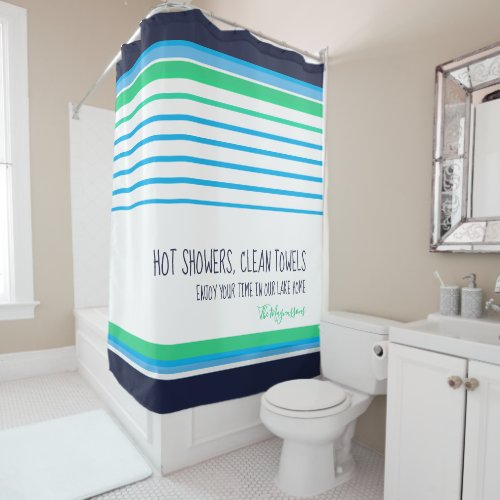 Blue white teal greenstriped custom modern coastal shower curtain