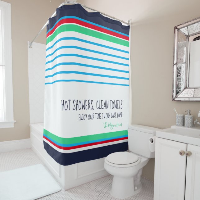 Blue white teal red striped custom modern coastal shower curtain (In Situ)
