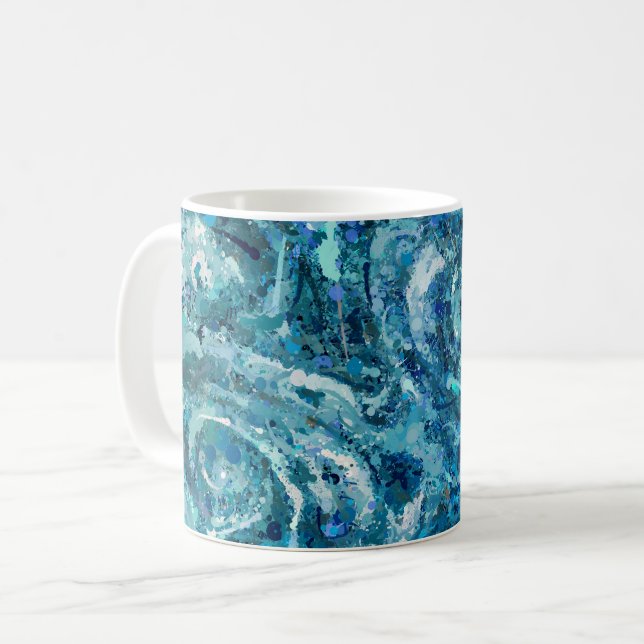 Blue White Teal Sea Waves Splash Abstraction Coffee Mug (Front Left)