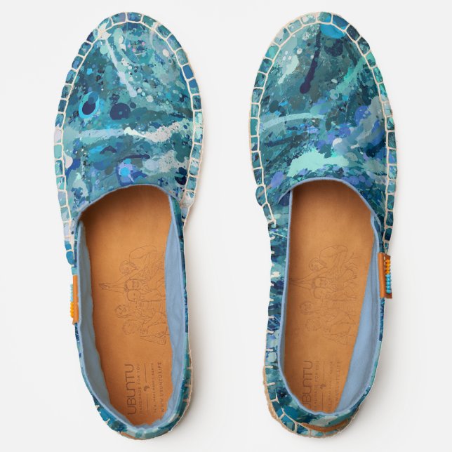 Blue White Teal Sea Waves Splash Abstraction Espadrilles (Front)