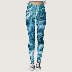 Blue White Teal Sea Waves Splash Abstraction Leggings