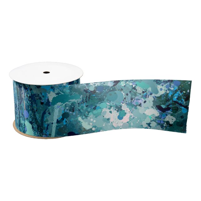 Blue White Teal Sea Waves Splash Abstraction Satin Ribbon (Spool)