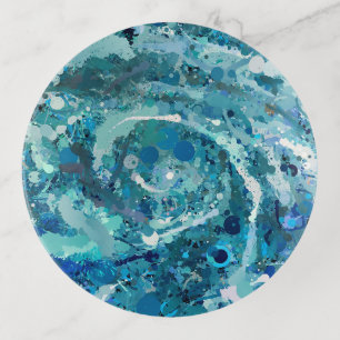 Blue White Teal Sea Waves Splash Abstraction Trinket Tray