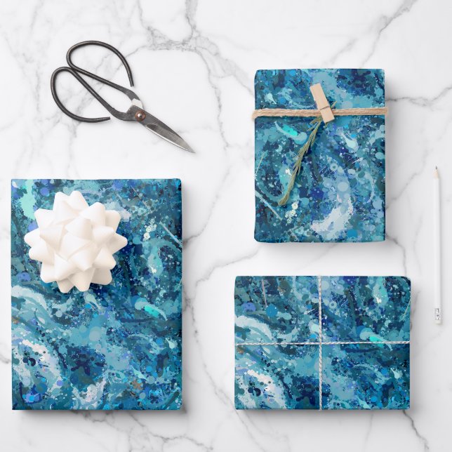 Blue White Teal Sea Waves Splash Abstraction Wrapping Paper Sheets (Front)