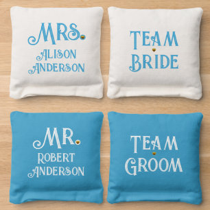 Blue white team bride, team groom Mr, Mrs wedding Cornhole Bags