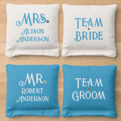 Blue white team bride team groom Mr Mrs wedding Cornhole Bags