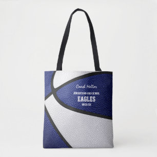 blue white team colors basketball coach tote bag