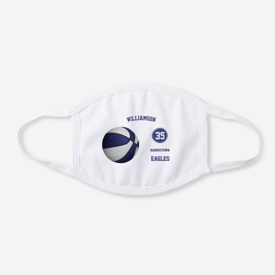 blue white team colors basketball player name white cotton face mask