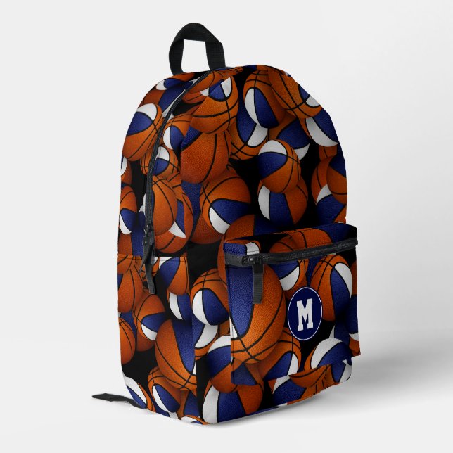 blue white team colors basketballs pattern printed backpack (Back Corner Left)