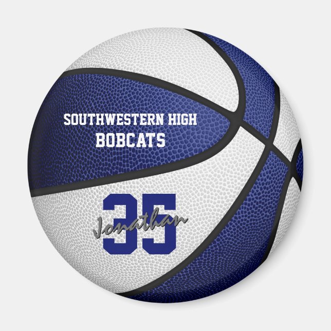 blue white team colors boys girls basketball magnet (Front)