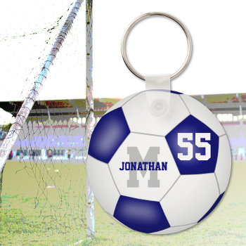 Blue White Team Colors Boys Girls Soccer Ball Keychain by katz_d_zynes at Zazzle