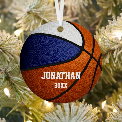 blue white team colors girls boys basketball metal ornament