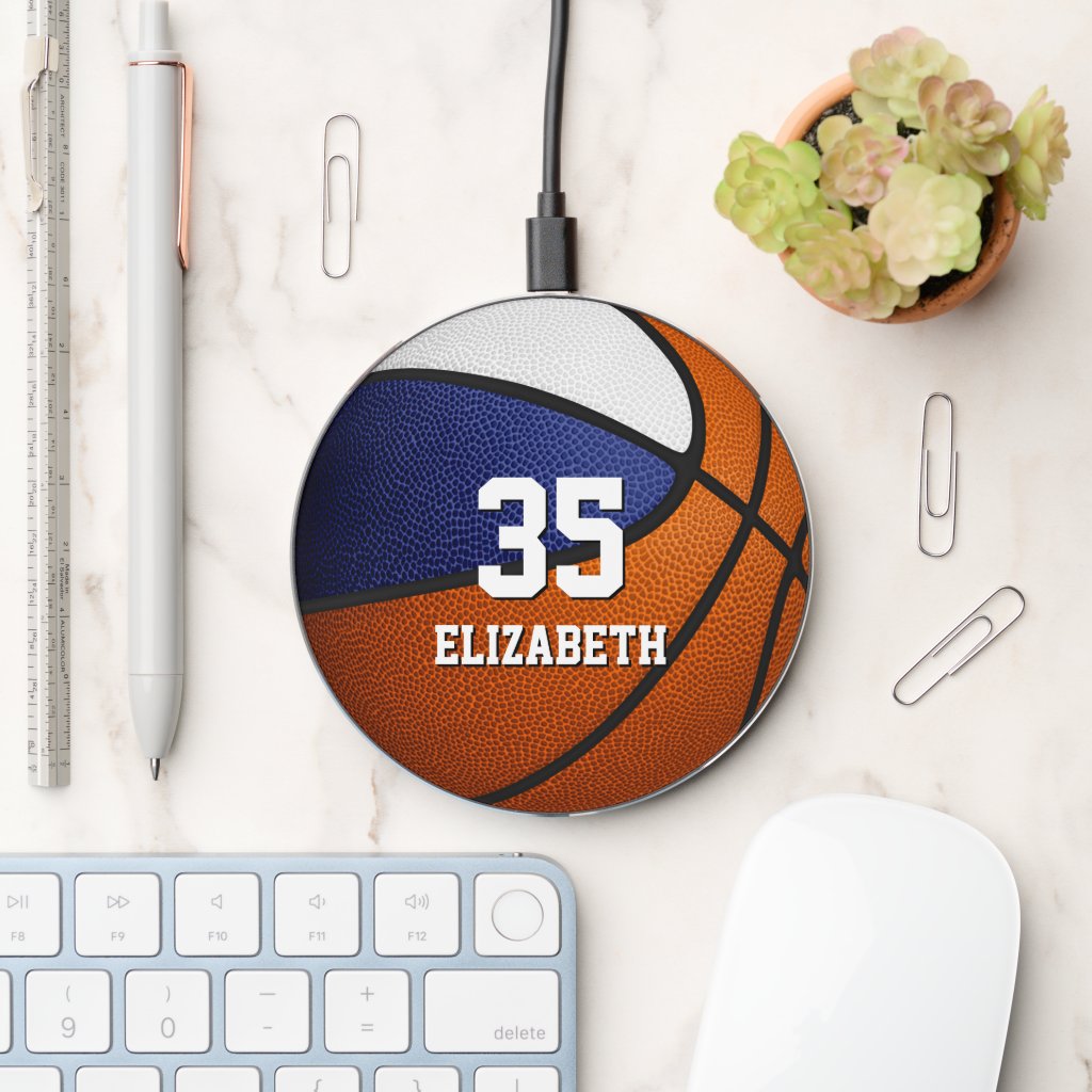 blue white team colors girls boys basketball wireless charger