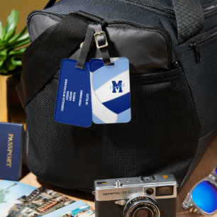 blue white team colors monogrammed volleyball luggage tag