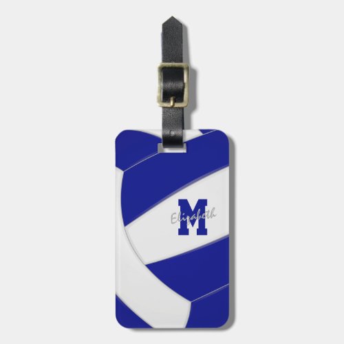 blue white team colors monogrammed volleyball luggage tag