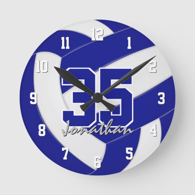 blue white team colors personalized volleyball round clock (Front)