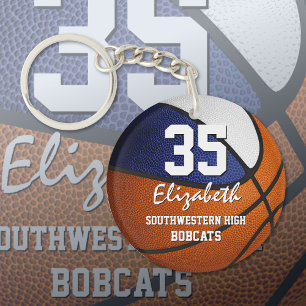 Blue white team colors play like a girl basketball keychain