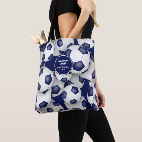 blue white team colors soccer coach name tote bag