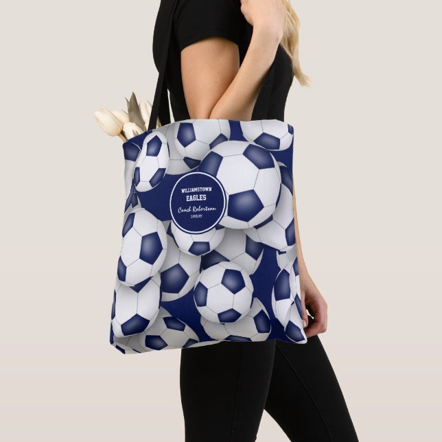 blue white team colors soccer coach name tote bag (Close Up)