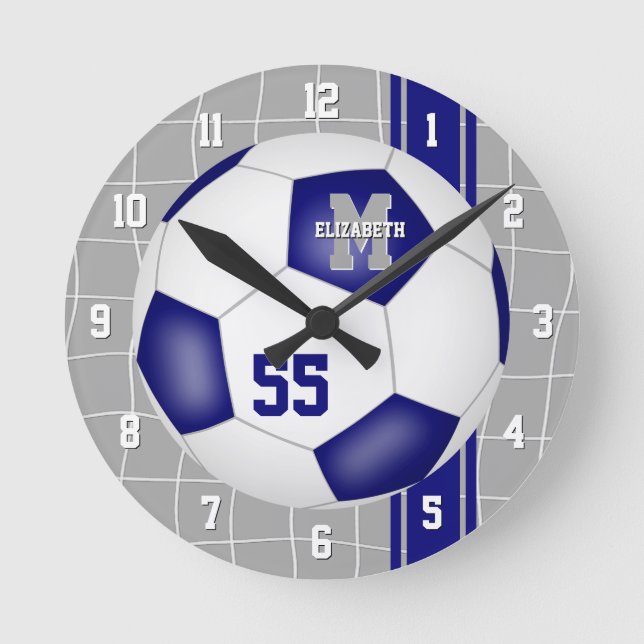 blue white team colors varsity stripes soccer round clock (Front)