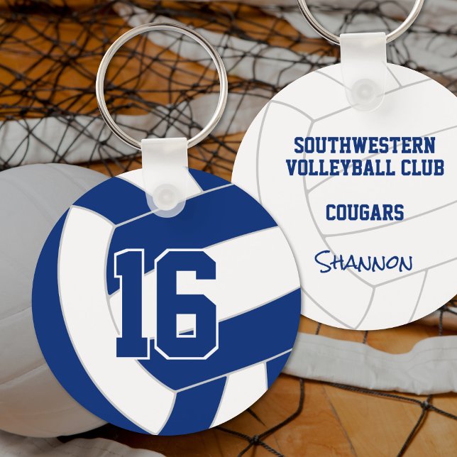 blue white team colors volleyball player keychain (Volleyball team colors keyring - blue & white - front & back views)