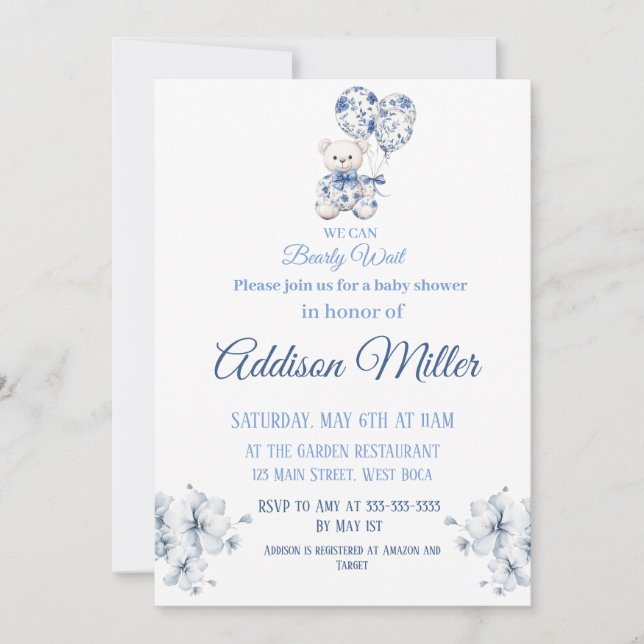 Blue&white Teddy Bear Baby Shower Invitation (Front)
