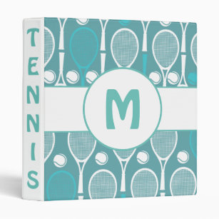 Blue & White Tennis Rackets Balls Player Name Cute 3 Ring Binder