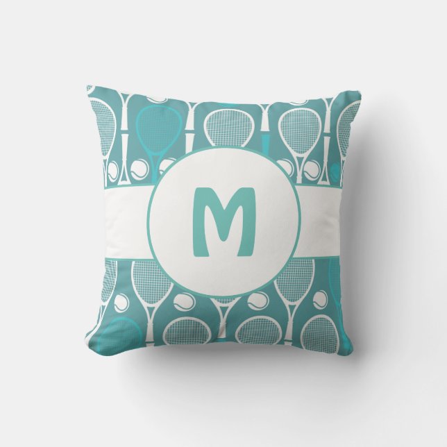 Blue & White Tennis Rackets Balls Player Name Cute Throw Pillow (Front)