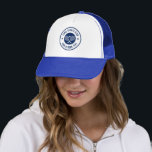 Blue White Tennis Theme Club Name Trucker Hat<br><div class="desc">A simple custom navy-blue tennis theme design with a tennis club name and a slogan.</div>