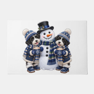 Blue&White Terriers Having Hot Cocoa with Snowman Doormat