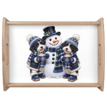 Blue&White Terriers Having Hot Cocoa with Snowman