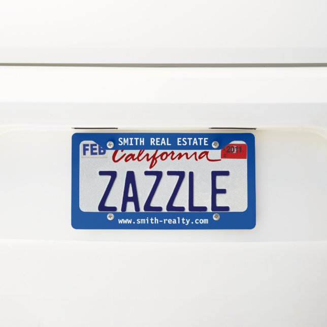 Blue & White Text Minimal Real Estate Agent License Plate Frame (On Car)