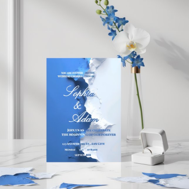 Blue & White Textured Art Wedding Invitation  Foil Invitation (Creator Uploaded)
