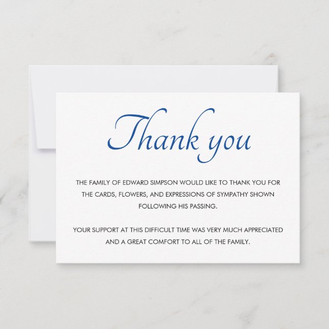 Blue & White Thank You Funeral Memorial Card (Front)