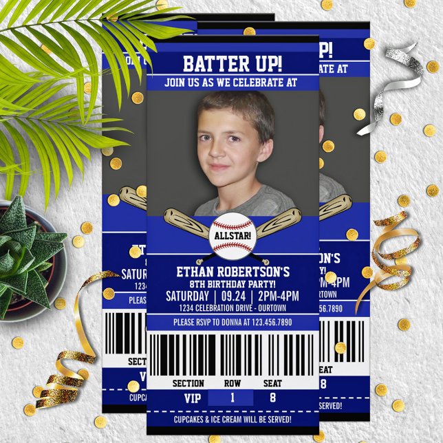 Blue|White Ticket Style Baseball Birthday Party Invitation (Creator Uploaded)