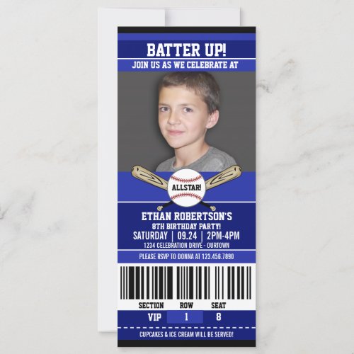 BlueWhite Ticket Style Baseball Birthday Party Invitation