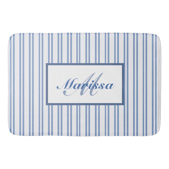Blue White Ticking Stripes  Farmhouse Monogrammed  Bath Mat (Front)
